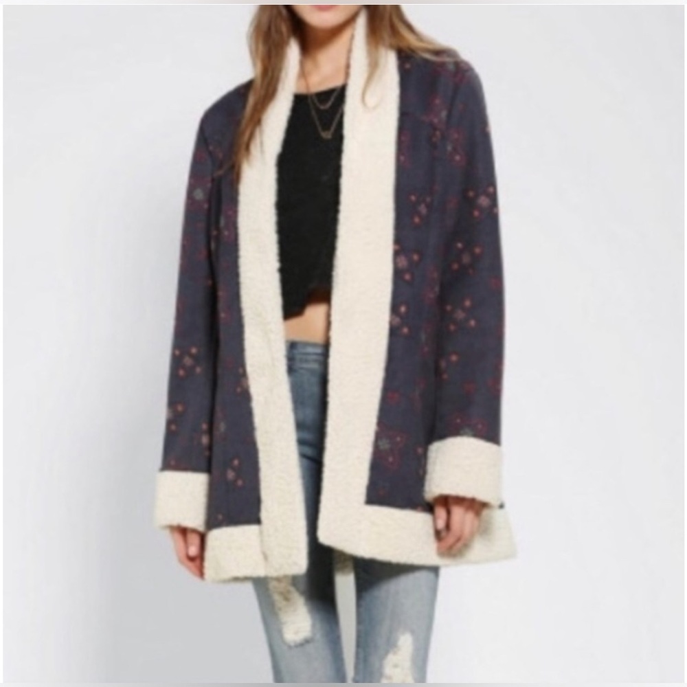 Urban Outfitters x Mink Pink Cozy Coat Fleece Lining Navy/Purple Design - Small